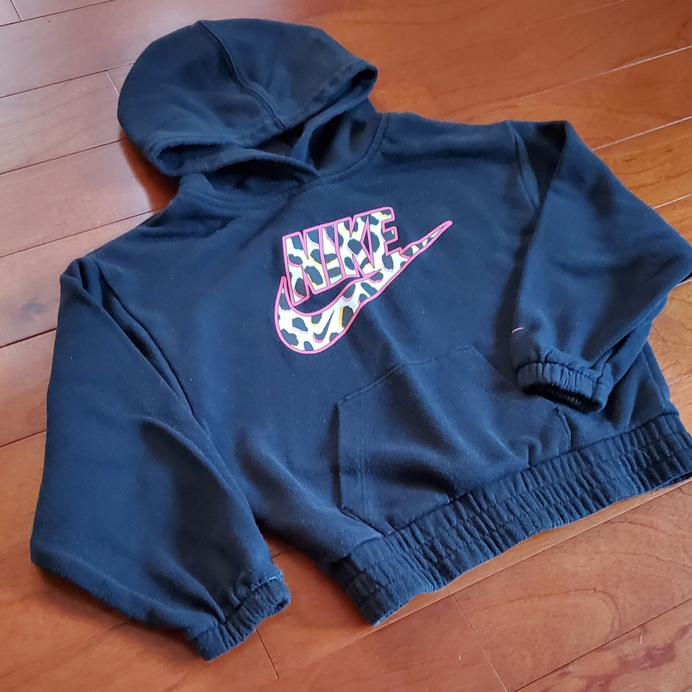 Nike Kids Black Hoodie with Pink Leopard Logo Size XS